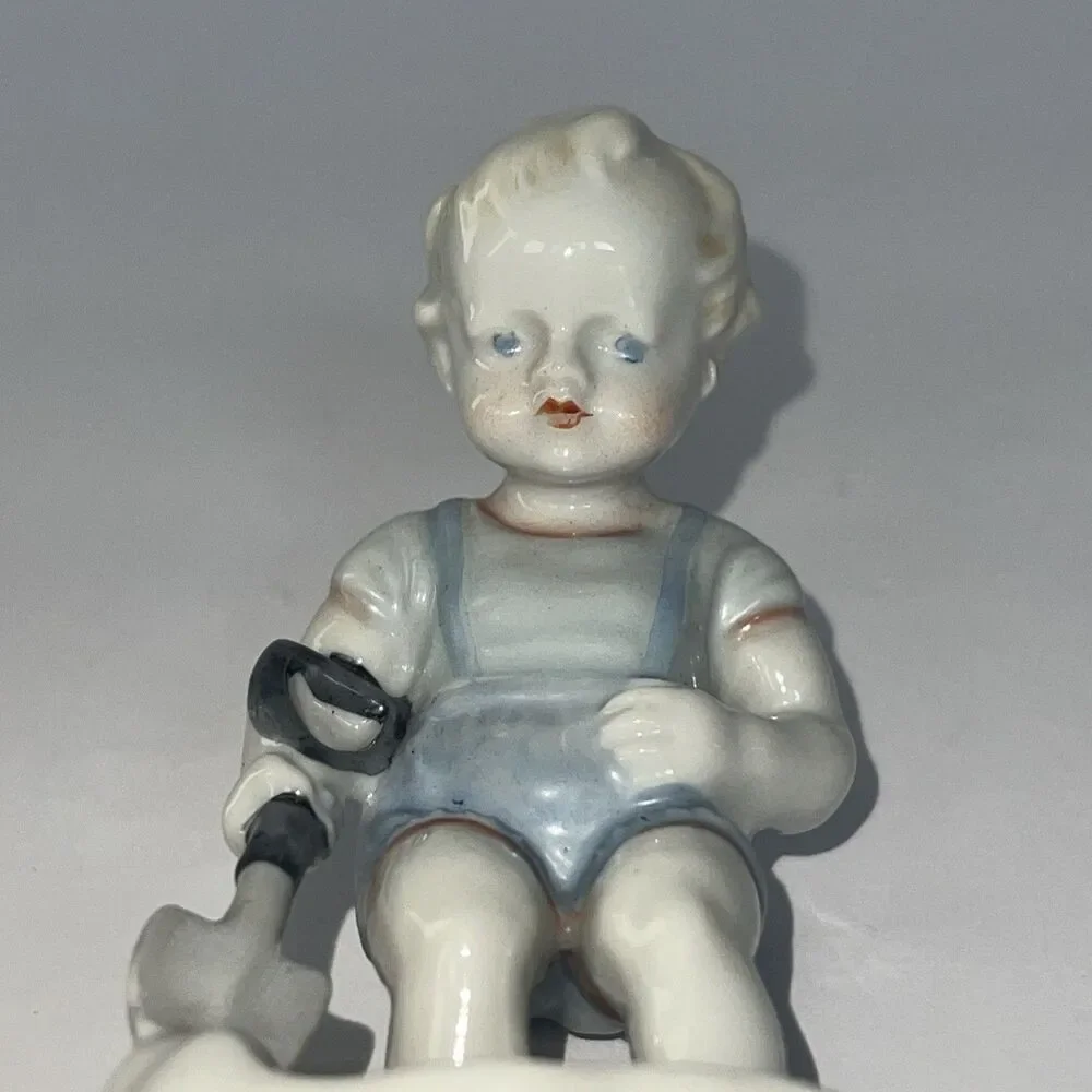 Vintage Porcelain Little Boy With Shovel Overalls Knickknack Made In Japan